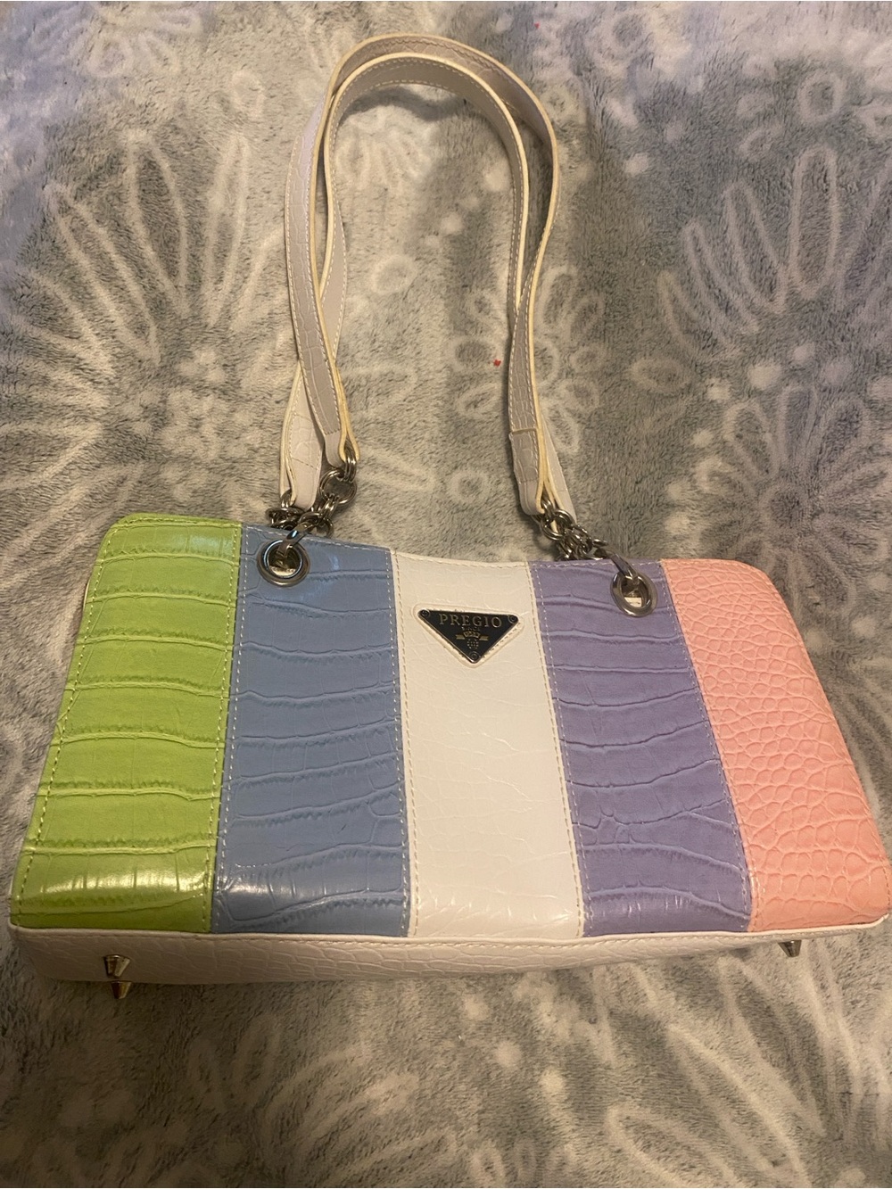 Pregio Pastel Stripe Croc-Embossed Shoulder Bag in Green/Blue/White/Purple/Pink